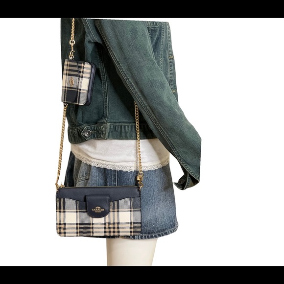 Coach Womens Crossbody Bag With Pouch Coin Bag Chain Strap Poppy Plaid Leather - Picture 10 of 15